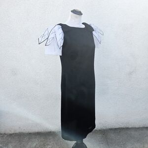 Vintage 1980s Black Cocktail Dress with White Leaf Shoulders / Whimsical